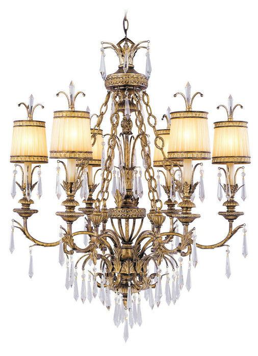 Gold 41-inch six-light metal chandelier with shades, dimmable HomeRoots chandelier hanging from ceiling fixture.