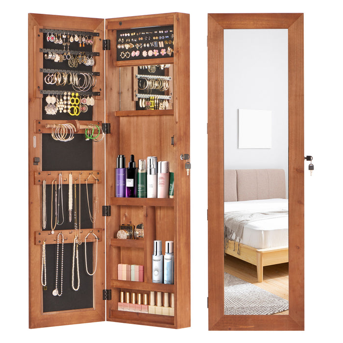 Giga jewelry armoire organizer with full-length mirror, wall-mounted lockable cabinet and built-in LED light for jewelry storage.