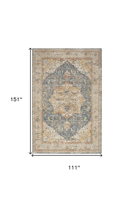 9' X 13' Oriental Distressed Area Rug (553090) - Ivory / Blue