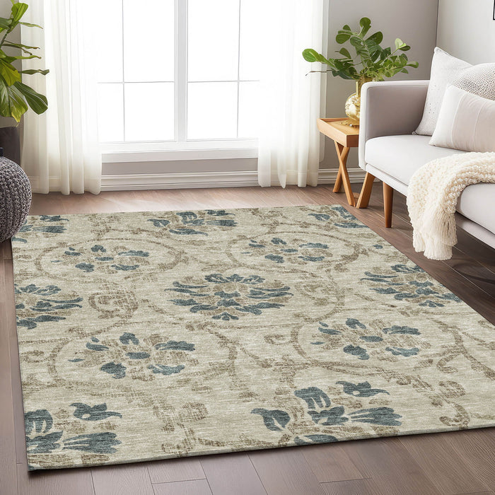10' X 14' Floral Washable Area Rug With UV Protection - Beige And Tan