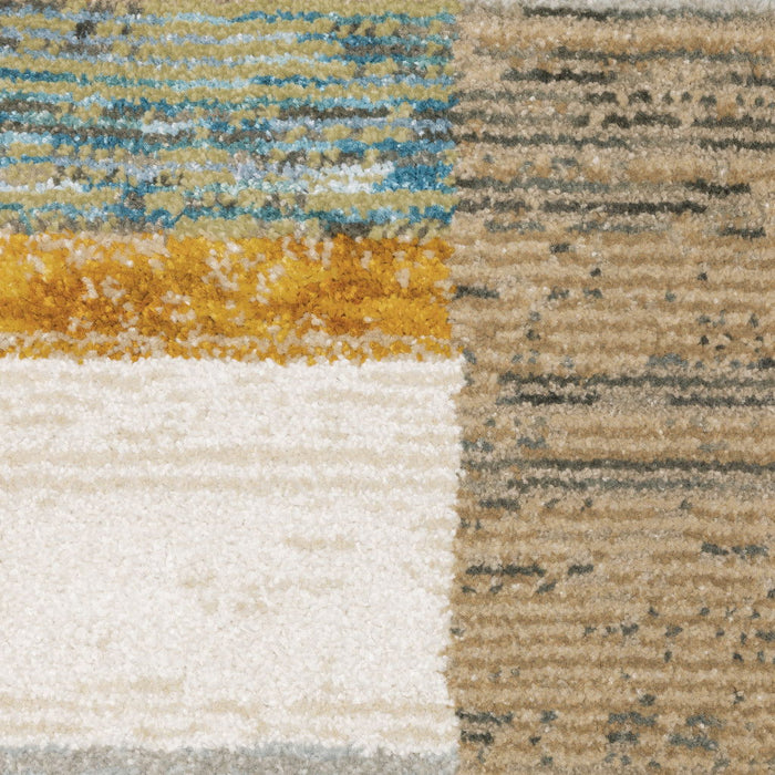7' x 10' Geometric Power Loom Area Rug - Beige Gold Black Gray Tan Teal And Rust