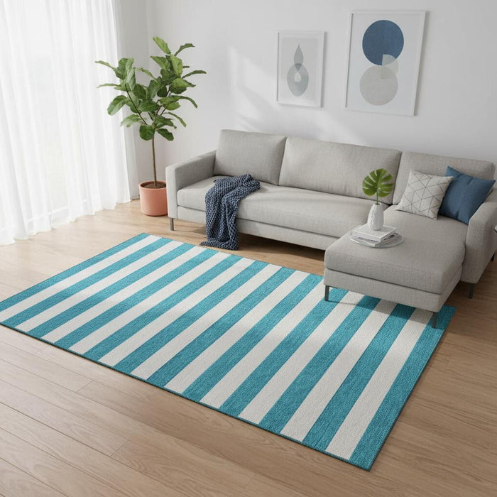 9' X 12' Striped Washable Area Rug With UV Protection (647673) - Teal / Ivory