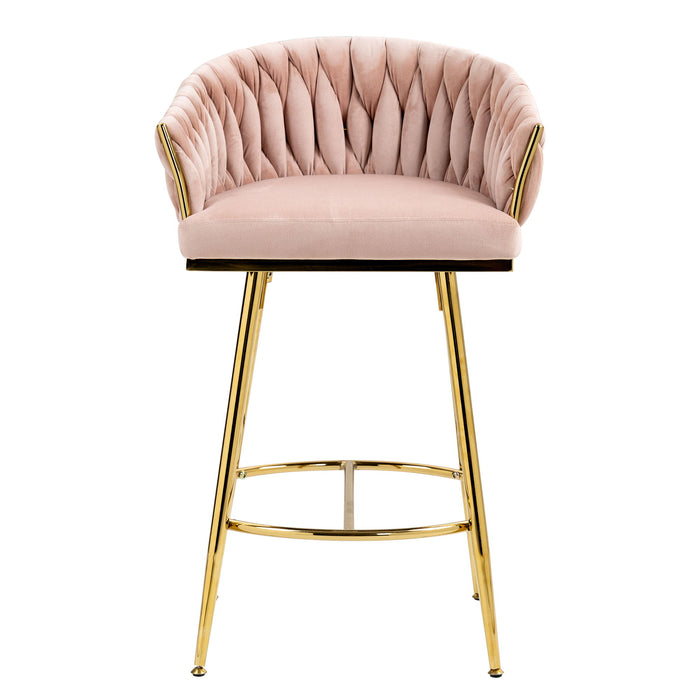 Set of two Giga pink counter height bar stools with wave backrests, golden chromed base, and footrests, ideal for kitchen islands.