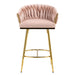 Set of two Giga pink counter height bar stools with wave backrests, golden chromed base, and footrests, ideal for kitchen islands.