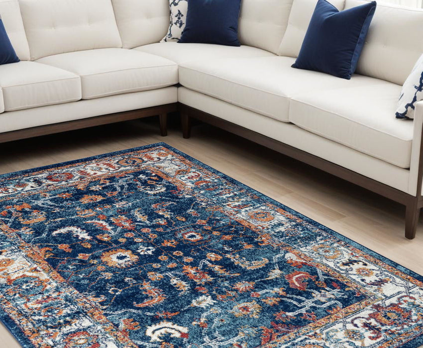 9' x 12' Oriental Power Loom Area Rug - Blue Rust And Orange