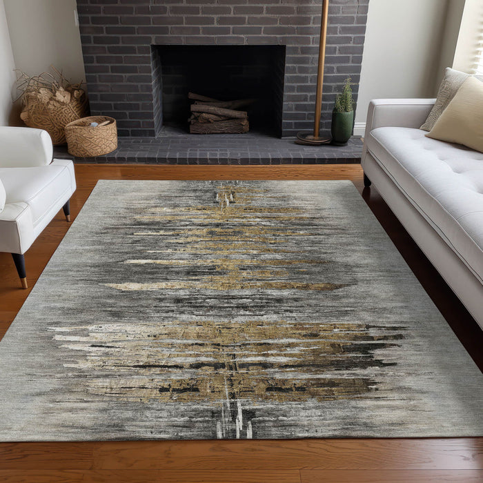 8' X 10' Abstract Washable Area Rug With UV Protection - Gray And Gold
