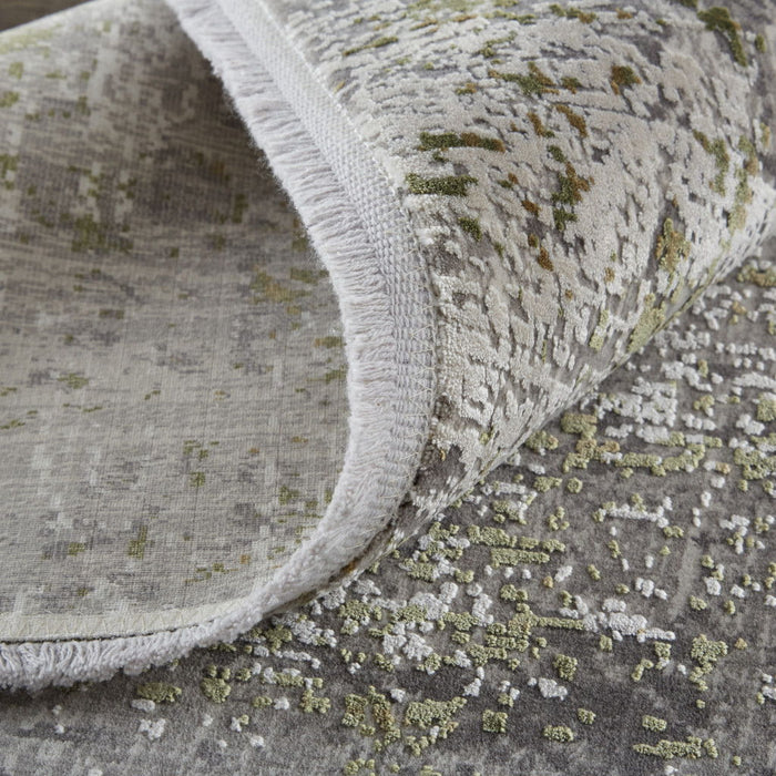 12' x 15' Abstract Area Rug With Fringe - Green Gray And Ivory