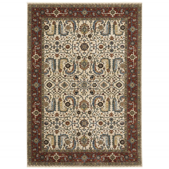 8' x 11' Oriental Power Loom Area Rug With Fringe - Red And Ivory