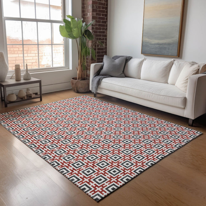 10' X 14' Geometric Washable Area Rug With UV Protection - Red