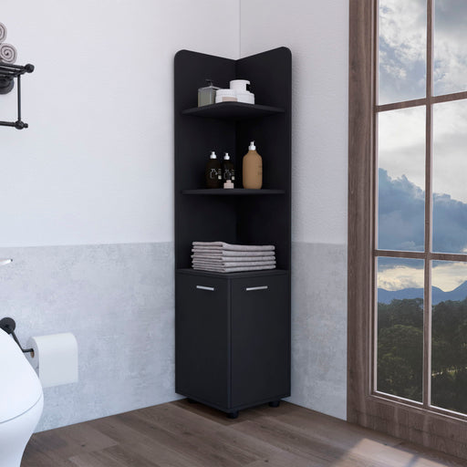 Black Giga linen corner cabinet with 3-tier shelf and 2 doors, tall storage solution for organizing linens and essentials.