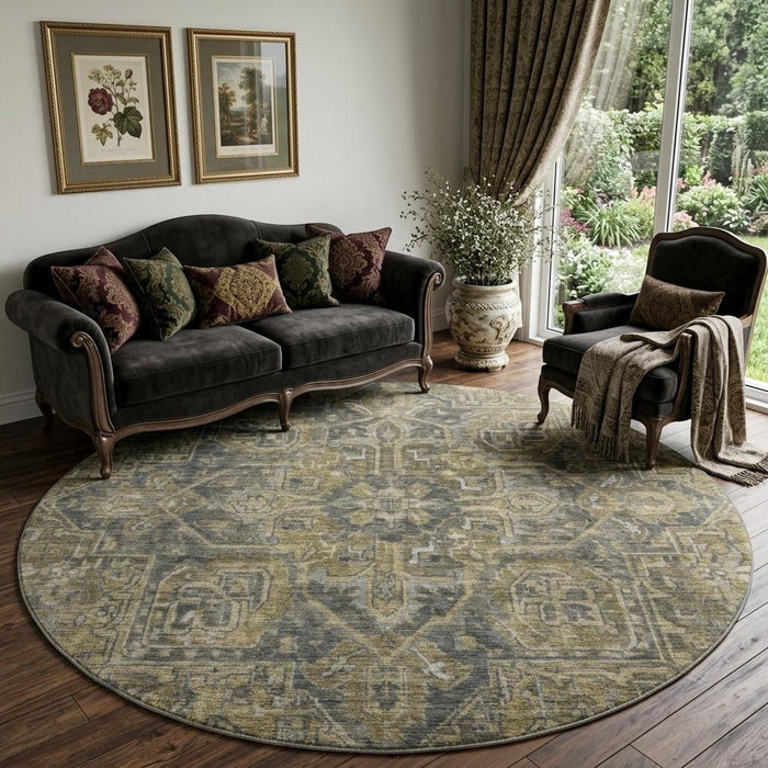 8' Medallion Distressed Washable Round Rug With UV Protection (649735) - Chocolate / Gray