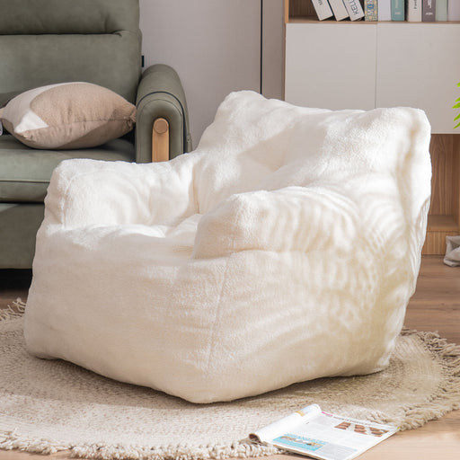 Giga soft teddy fabric arm chair with tufted foam bean bag design, plush teddy fabric upholstery for cozy seating.