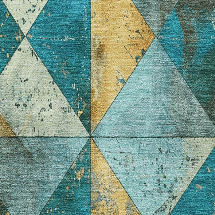 10' X 14' Geometric Washable Area Rug With UV Protection (699106) - Teal / Gold / Ivory