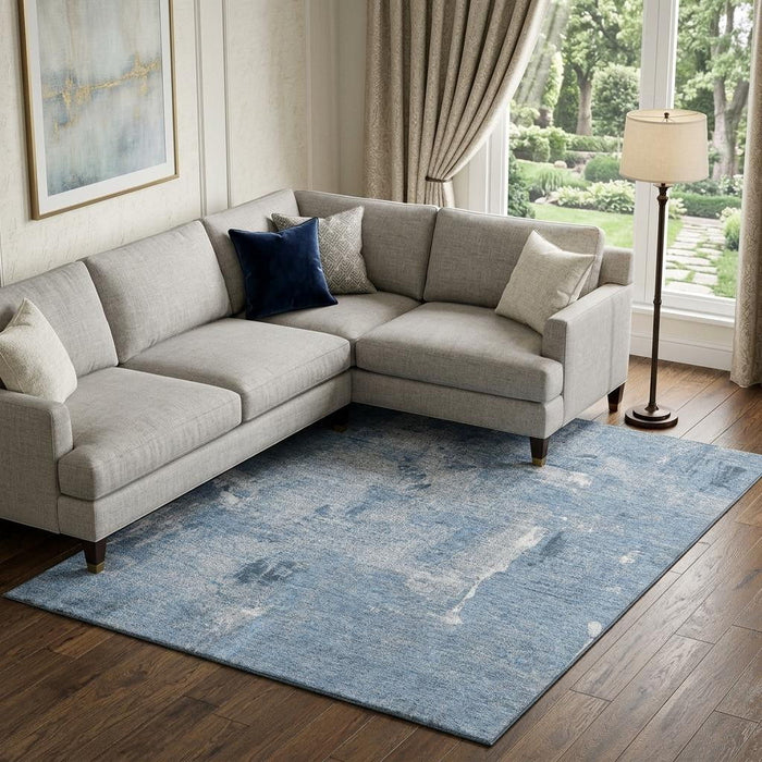 10' X 14' Abstract Washable Area Rug With UV Protection (677993) - Denim Blue / Ivory