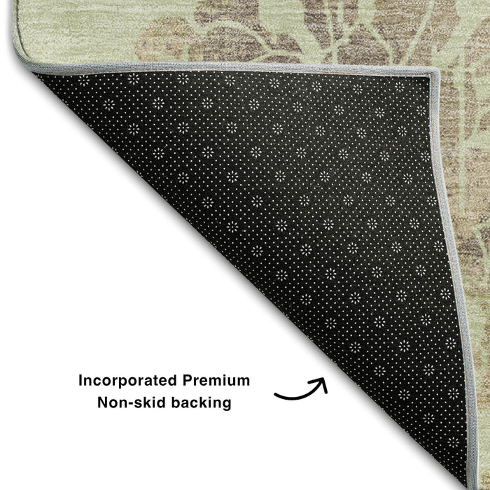 10' X 14' Floral Washable Area Rug With UV Protection (667891) - Artichoke Green / Taupe / Beige