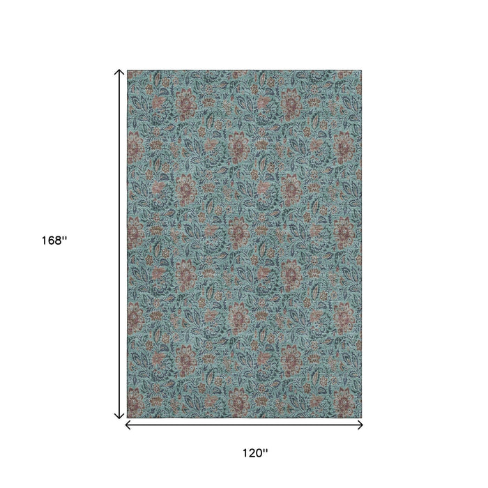 10' X 14' Floral Washable Area Rug With UV Protection (655024) - Teal / Brown