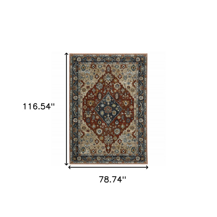 7' x 10' Oriental Power Loom Polyester Area Rug With Fringe - Blue And Beige