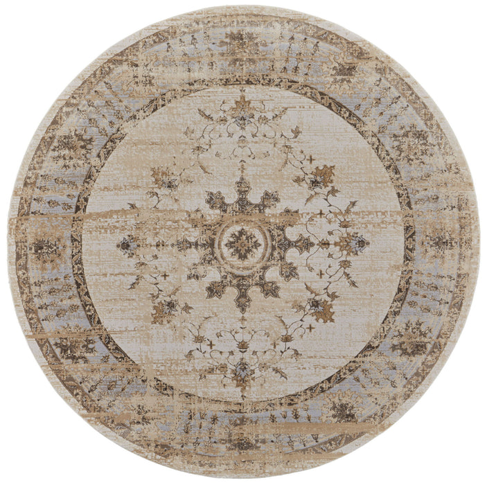 8' Round Oriental Power Loom Distressed Area Rug - Brown And Ivory