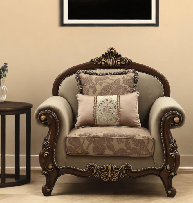 Velvet Floral Arm Chair - Beige And Brown