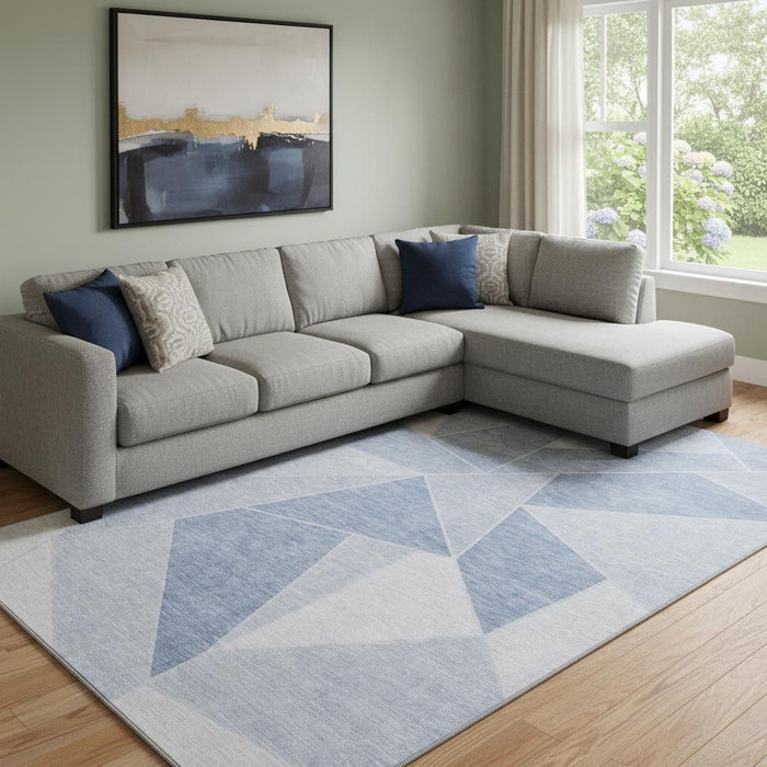 10' X 14' Geometric Washable Area Rug With UV Protection (653332) - Sky Blue / Ivory