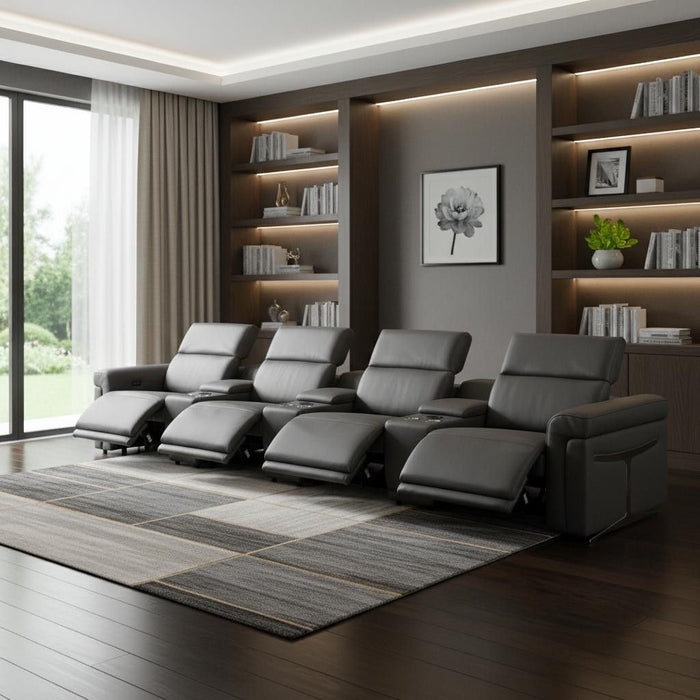 Top Grain Leather Reclining Metal USB Sofa (720376) - Dark Gray