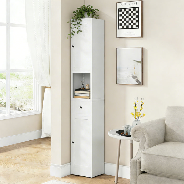 Giga tall white bathroom medicine cabinet with 5-tier adjustable shelves and freestanding design.