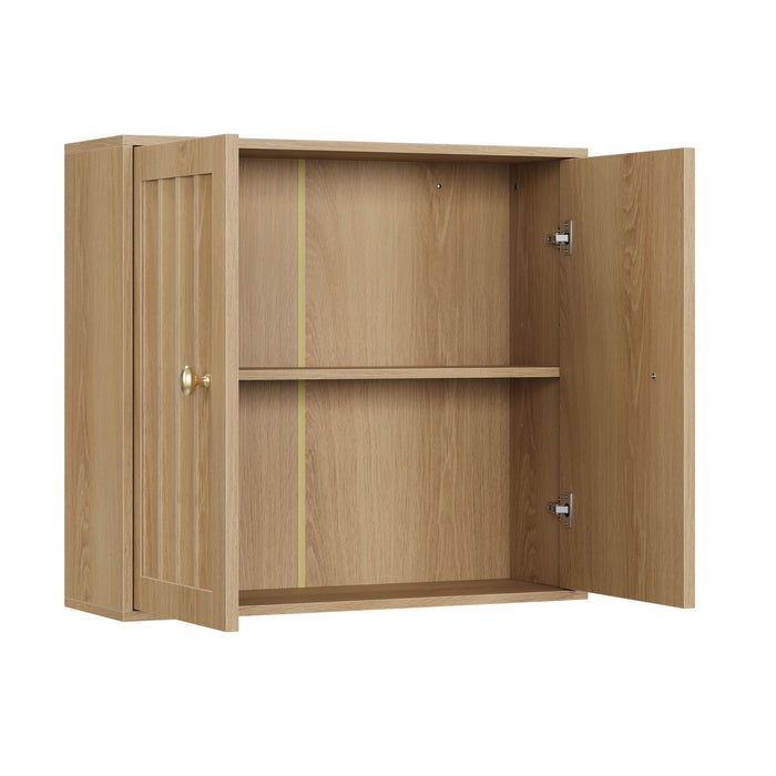 Giga wall-mounted bathroom medicine cabinet with double doors and vertical grooved oak finish, ideal for modern bathroom storage.