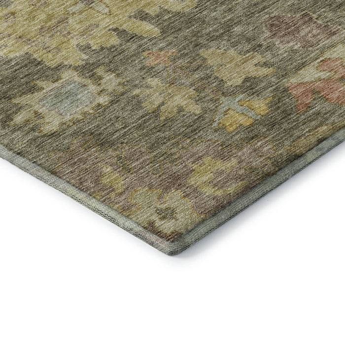 10' X 14' Floral Washable Area Rug With UV Protection (684498) - Artichoke Green / Gold / Gray