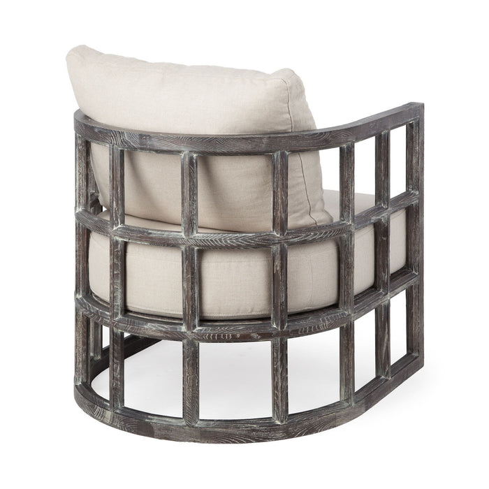 Fabric Distressed Barrel Chair - Cream / Brown