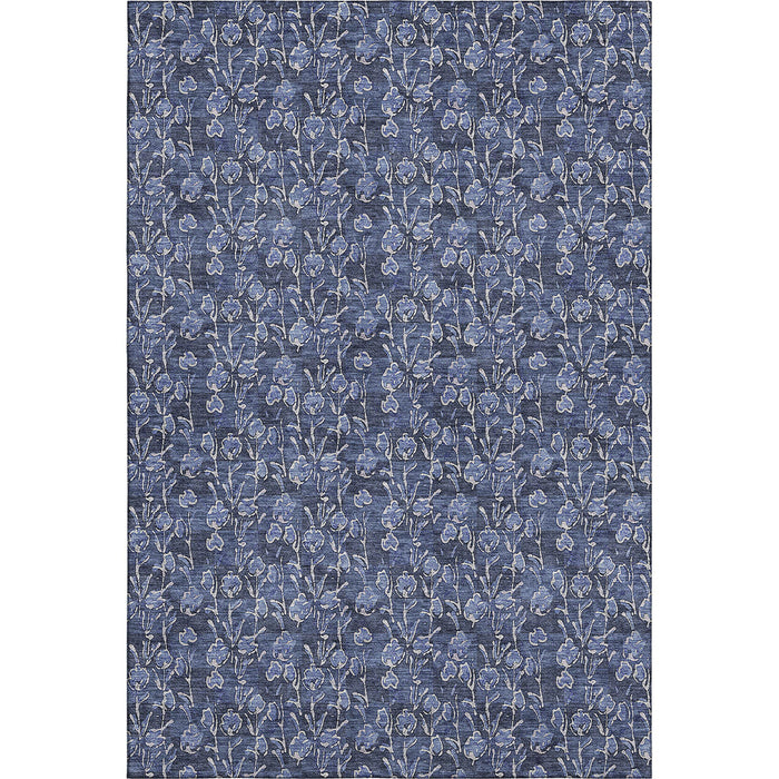 10' X 14' Floral Washable Area Rug With UV Protection (656454) - Navy Blue / Ivory