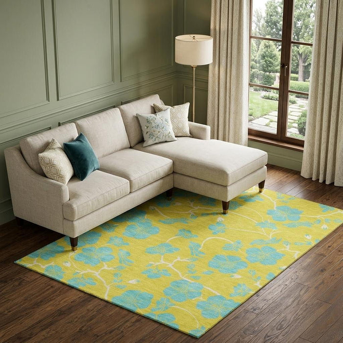 10' X 14' Floral Washable Area Rug With UV Protection (681209) - Yellow / Aqua