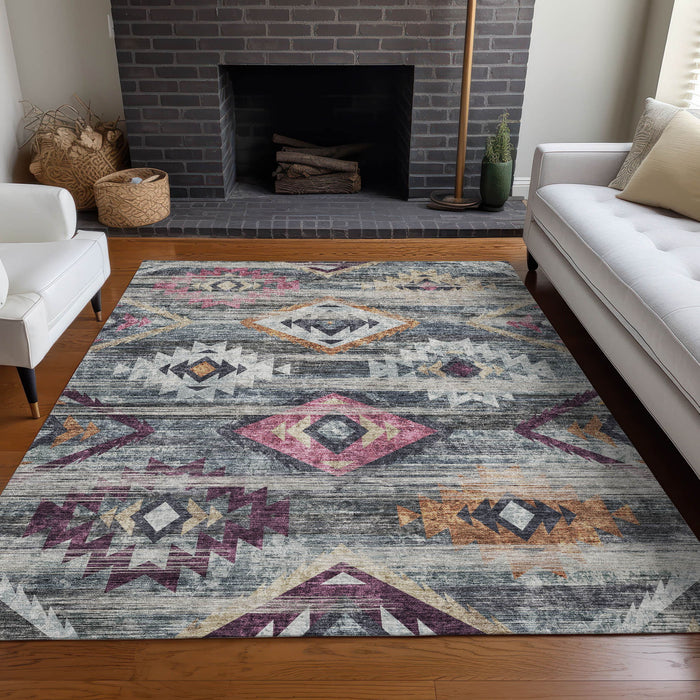 10' X 14' Southwestern Washable Area Rug With UV Protection - Gray