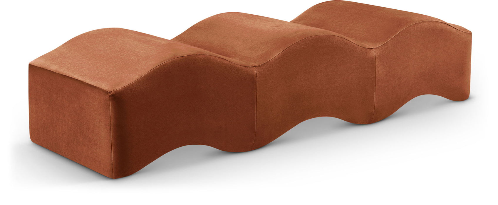 Velvet upholstered Wave bench by Meridian Furniture with curved wooden legs, modern design, and soft navy velvet fabric.