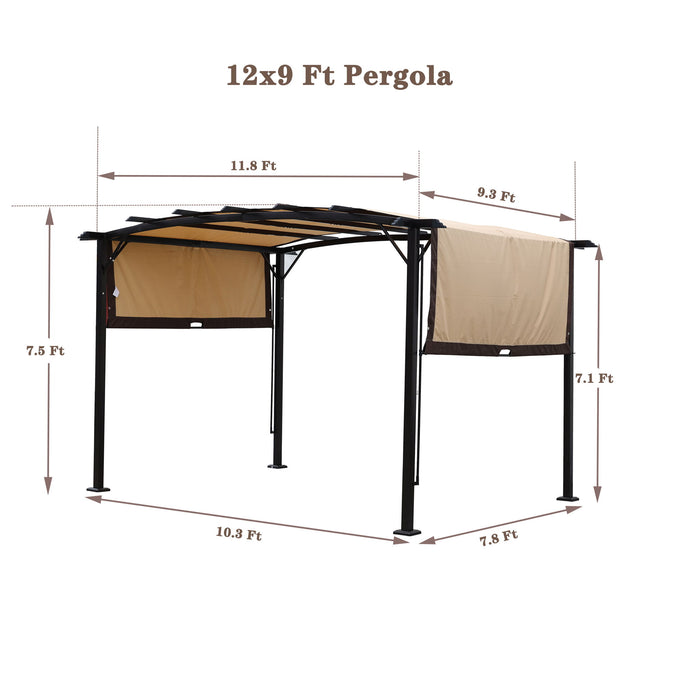 Giga outdoor patio pergola gazebo with steel frame and retractable canopy, providing shade and shelter in a garden setting