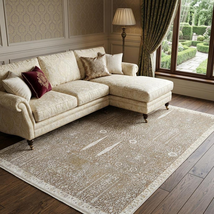 8' X 11' Floral Area Rug With Fringe (744231) - Ivory / Taupe / Gold