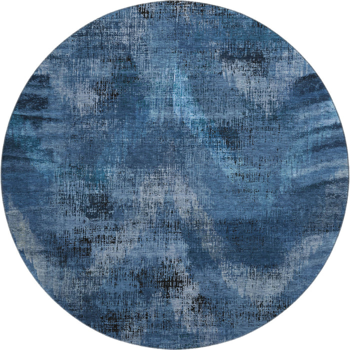 8' Abstract Washable Round Rug With UV Protection - Blue And Charcoal