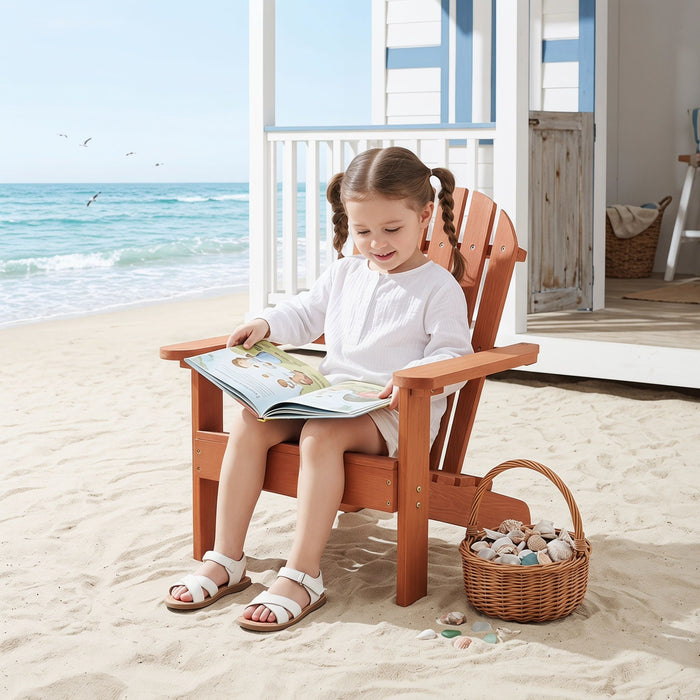 Red Giga kids Adirondack arm chair suitable for indoor and outdoor use, with a classic slatted design and sturdy construction.