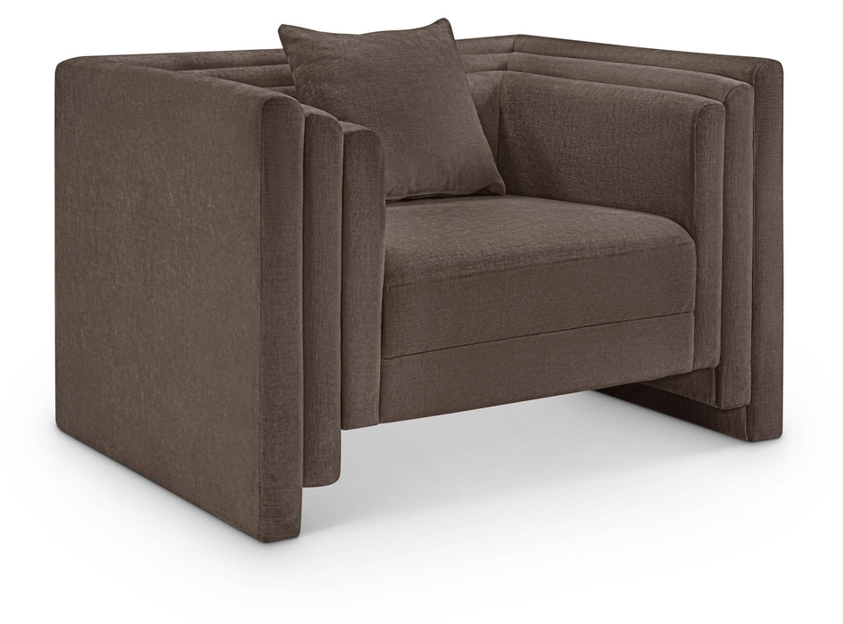 Modern Meridian Furniture Everett arm chair with plush fabric upholstery and sleek wooden legs in a stylish living room setting.