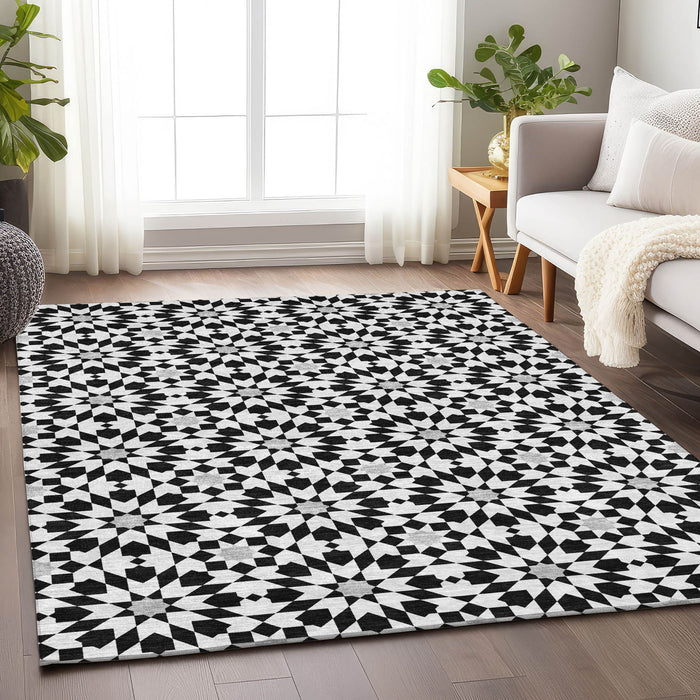 9' X 12' Geometric Washable Area Rug With UV Protection - Black And Silver