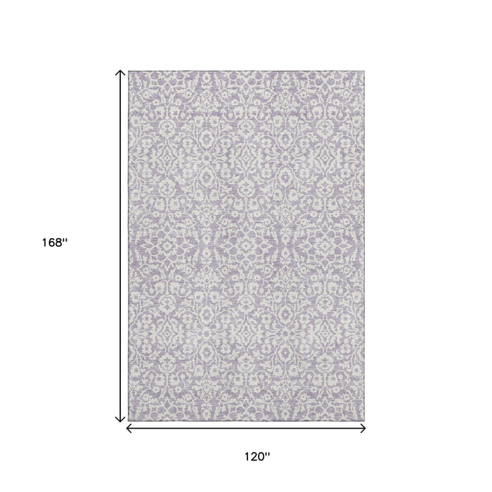 10' X 14' Damask Washable Area Rug With UV Protection (673145) - Lavender / Ivory