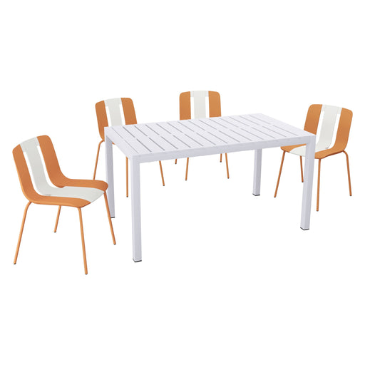 Giga 4-piece modern striped color-blocking outdoor chair set with matching long table, perfect for patio or garden seating.