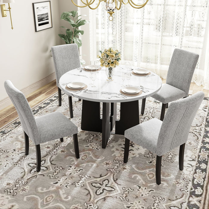 Giga 5-piece round dining table set with white top and gray upholstered chairs for dining room, kitchen, or living room.