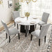 Giga 5-piece round dining table set with white top and gray upholstered chairs for dining room, kitchen, or living room.
