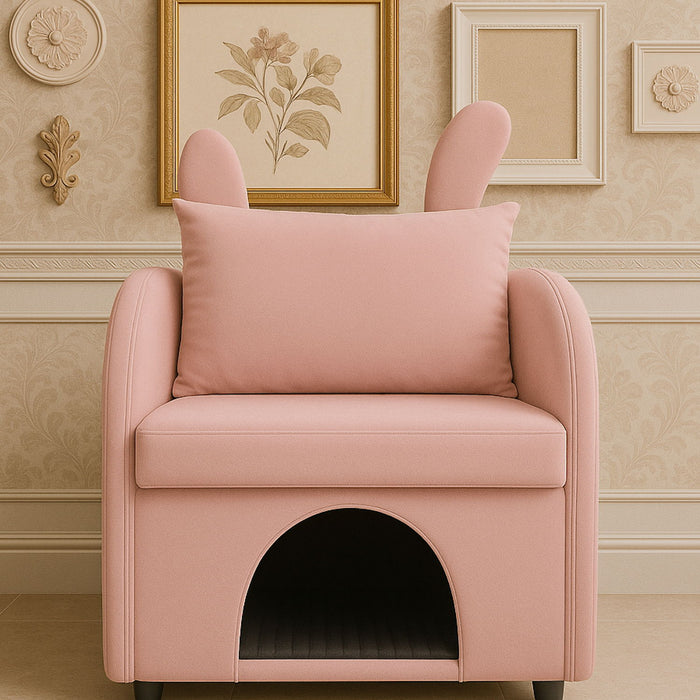 Pink Giga bunny ear pet-friendly armchair with hidden pet house and storage pocket, ideal for bedroom or living room.
