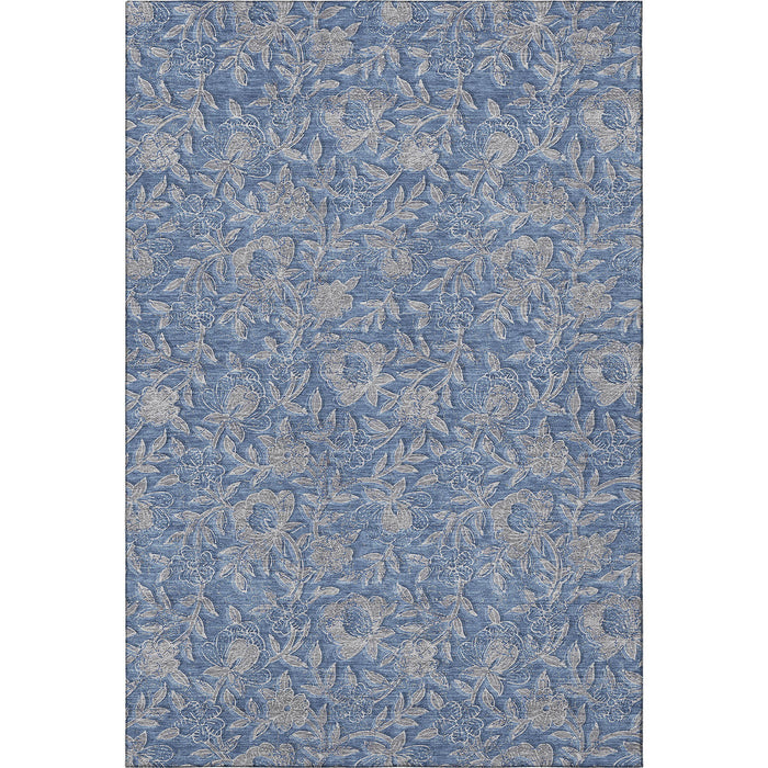 8' X 10' Floral Washable Area Rug With UV Protection - Denim Blue And Taupe