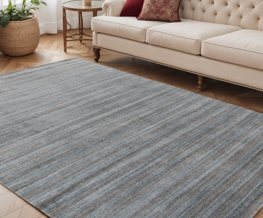 5' X 8' Wool Striped Hand Woven Area Rug - Gray And Blue