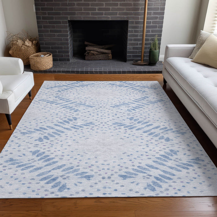 10' X 14' Floral Washable Area Rug With UV Protection - Blue / Ivory
