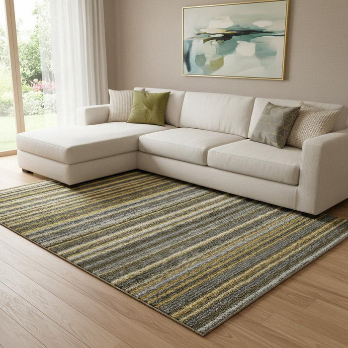 10' X 14' Striped Washable Area Rug With UV Protection (650800) - Gold / Ivory / Gray