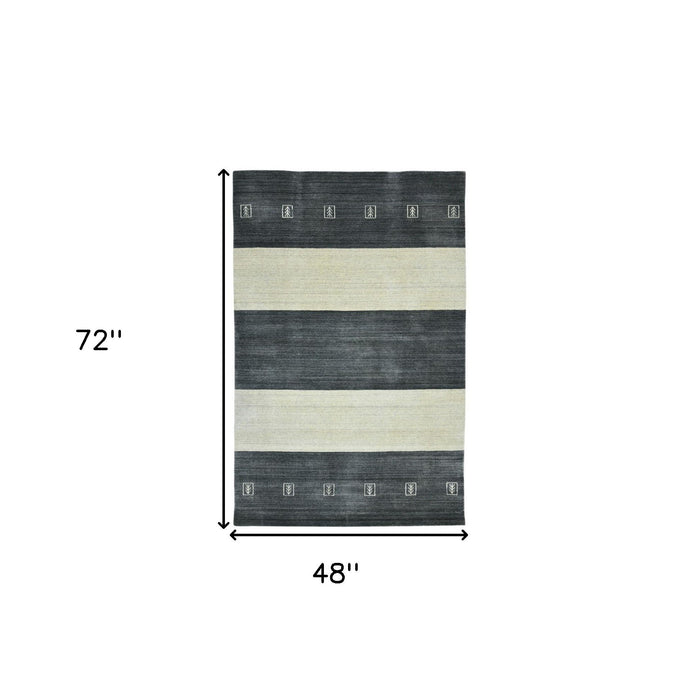 4' X 6' Wool Striped Hand Woven Area Rug - Charcoal And Ivory