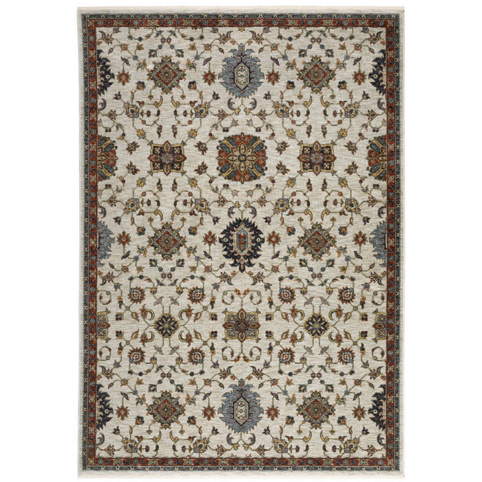 10' x 13' Oriental Power Loom Stain Resistant Area Rug With Fringe - Beige Rust Red Blue Gold And Gray